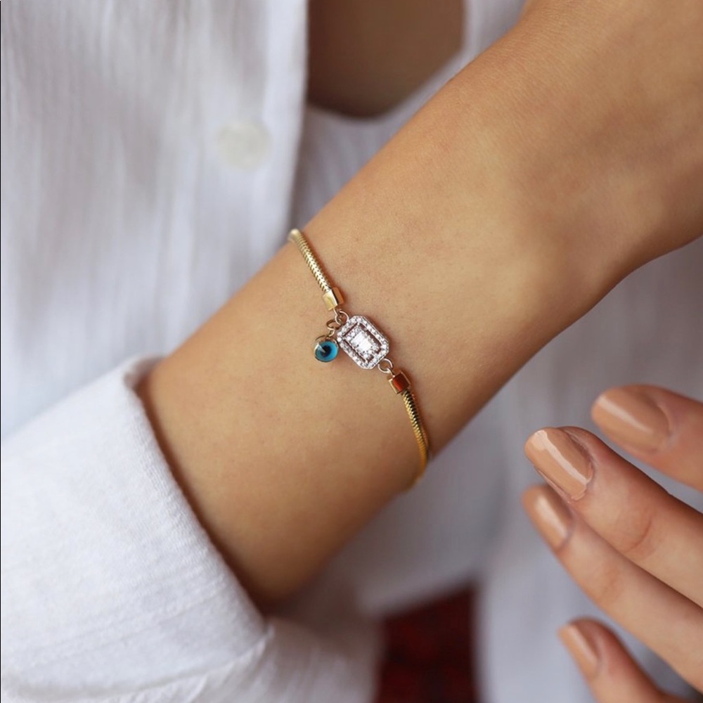 Solid Yellow Gold 14K,Herringbone EvilEye bracelet